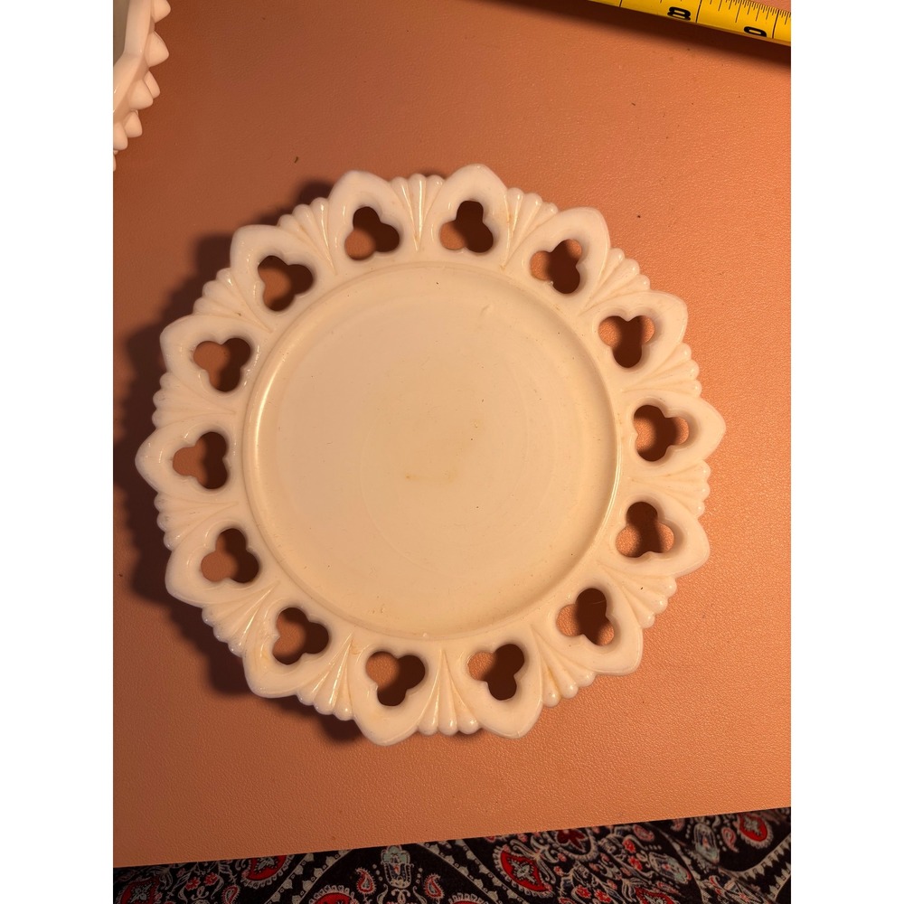 Vintage White Milk Glass Plate Open Lace Heart Border Reticulated Edge 7.5 Inch